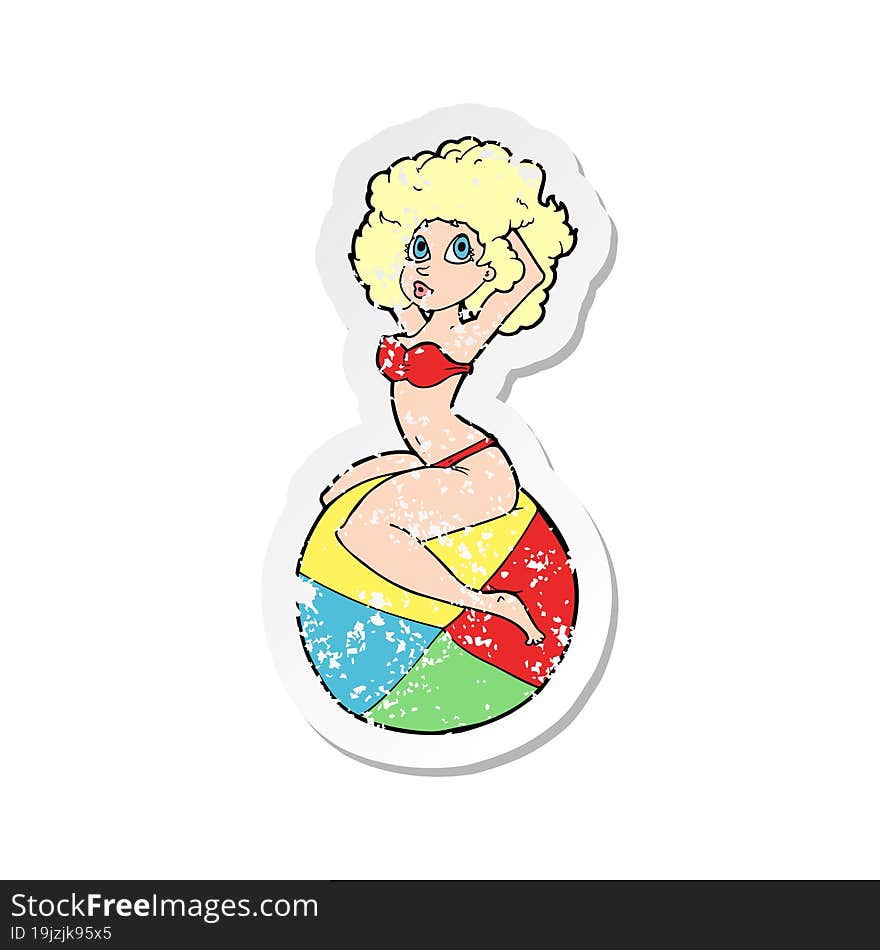 retro distressed sticker of a cartoon pin up girl sitting on ball