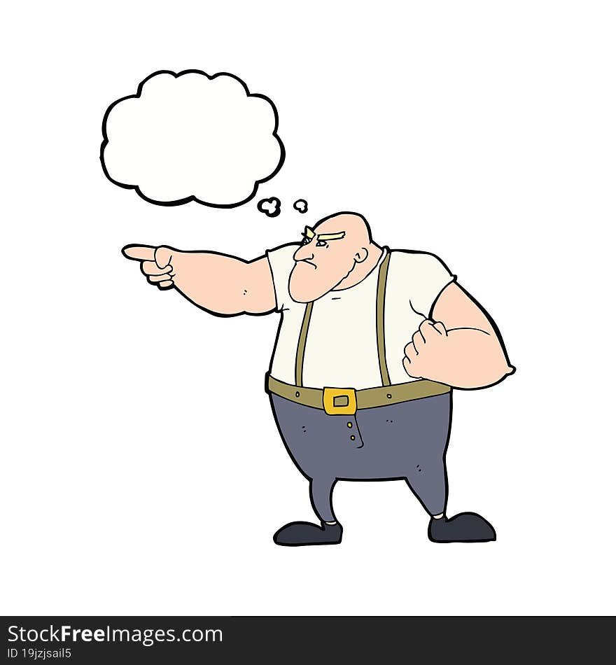 cartoon angry tough guy pointing with thought bubble