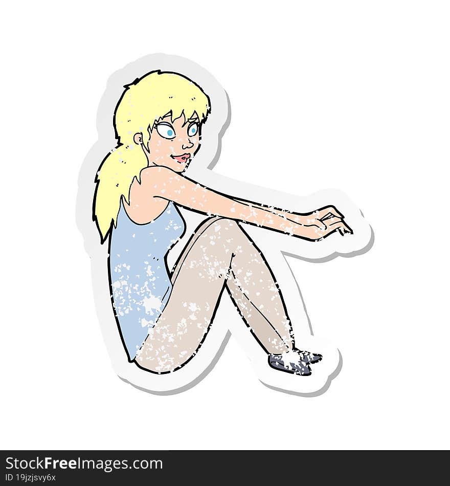 Retro Distressed Sticker Of A Cartoon Happy Woman Sitting