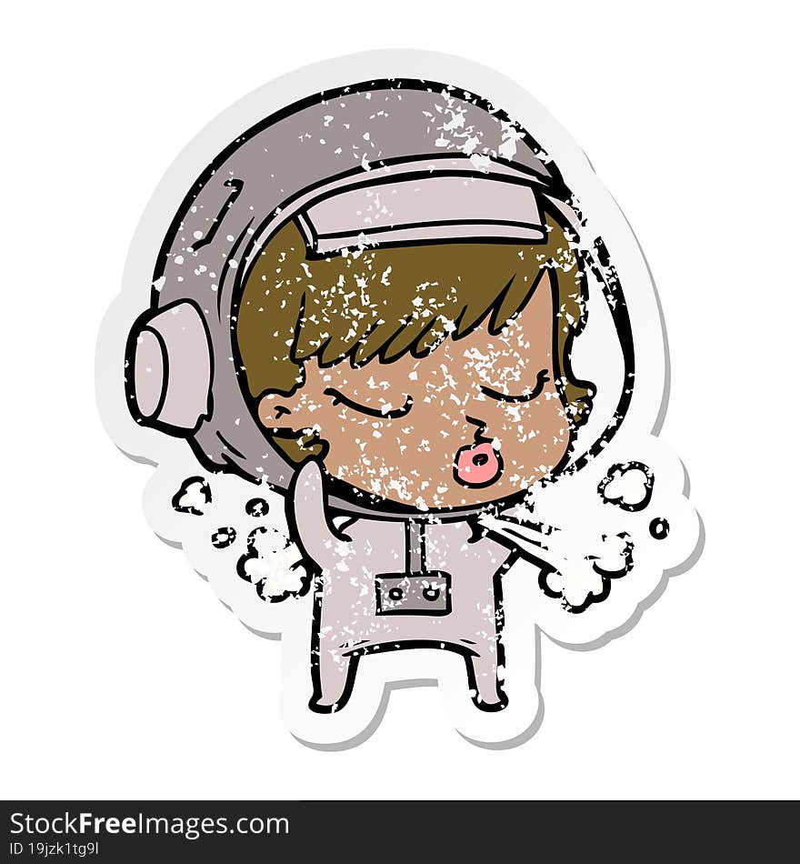 Distressed Sticker Of A Cartoon Pretty Astronaut Girl Taking Off Space Helmet