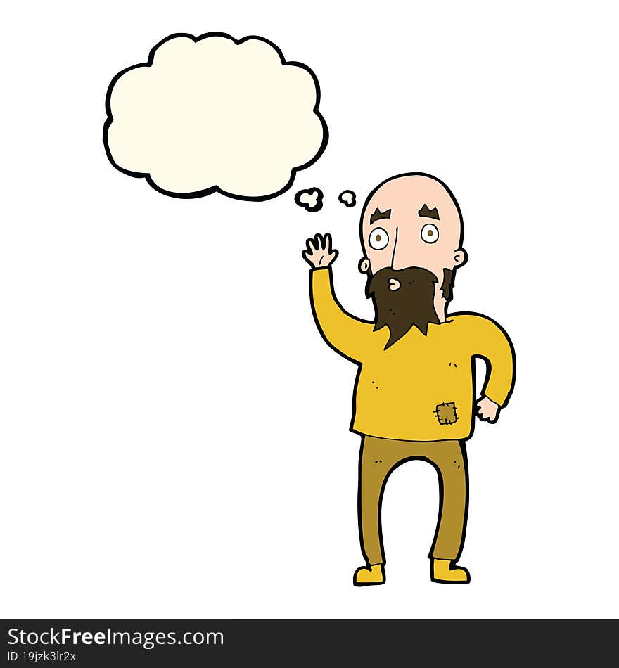 cartoon bearded man waving with thought bubble