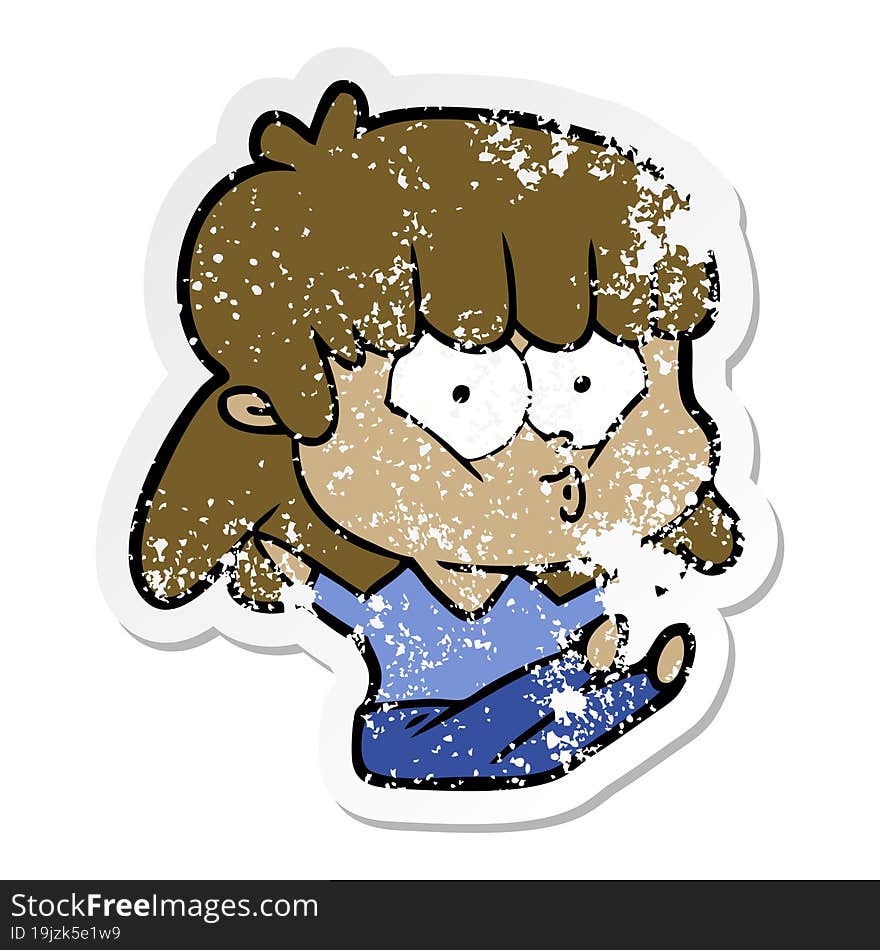 distressed sticker of a cartoon whistling girl