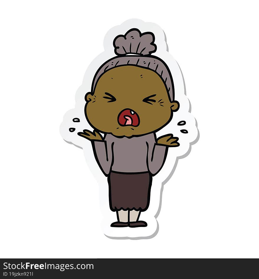 sticker of a cartoon angry old woman