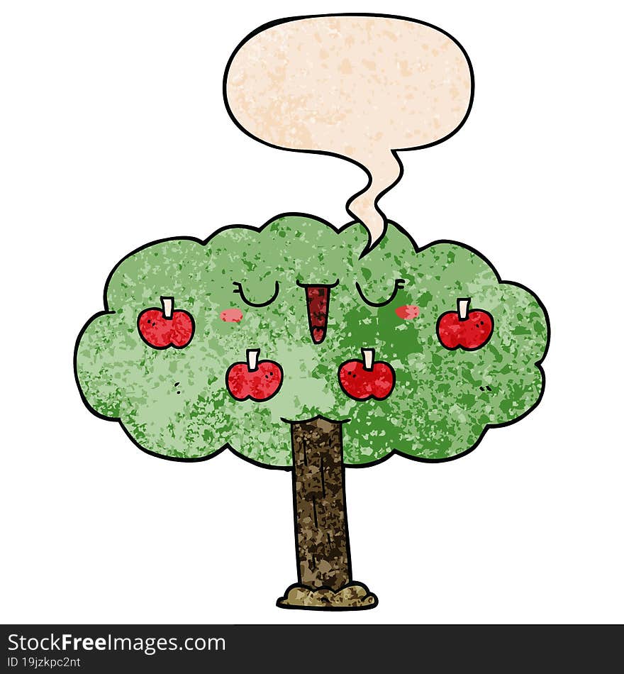 Cartoon Apple Tree And Speech Bubble In Retro Texture Style