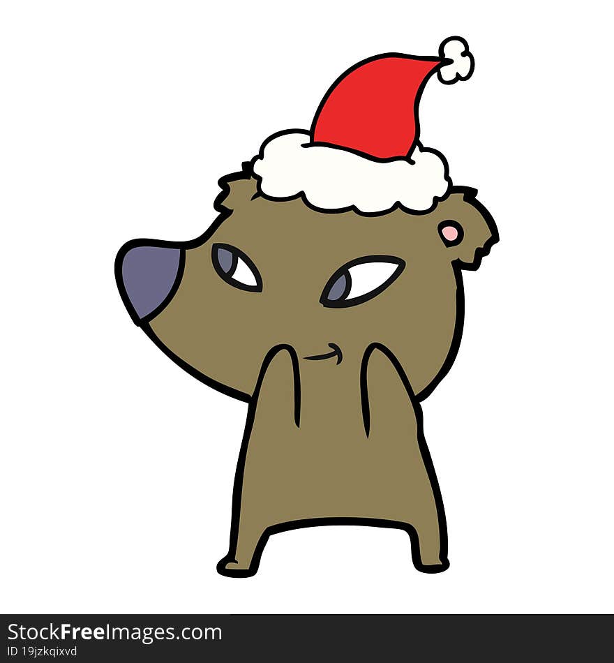 cute line drawing of a bear wearing santa hat