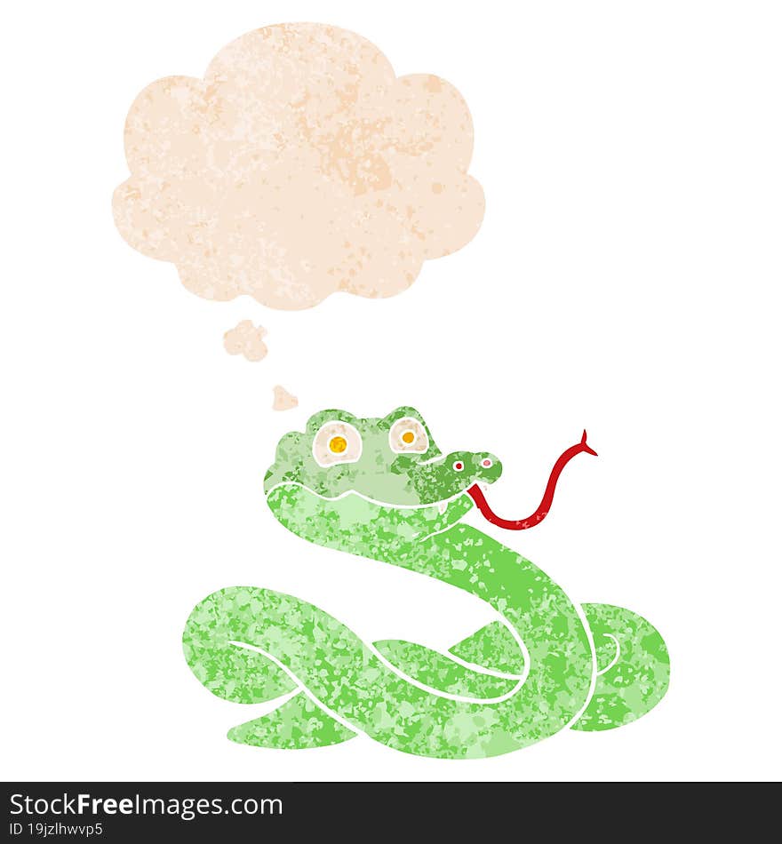 cartoon snake and thought bubble in retro textured style