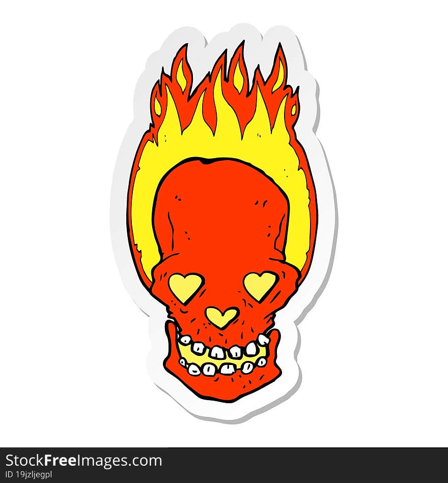 Sticker Of A Cartoon Flaming Skull With Love Heart Eyes