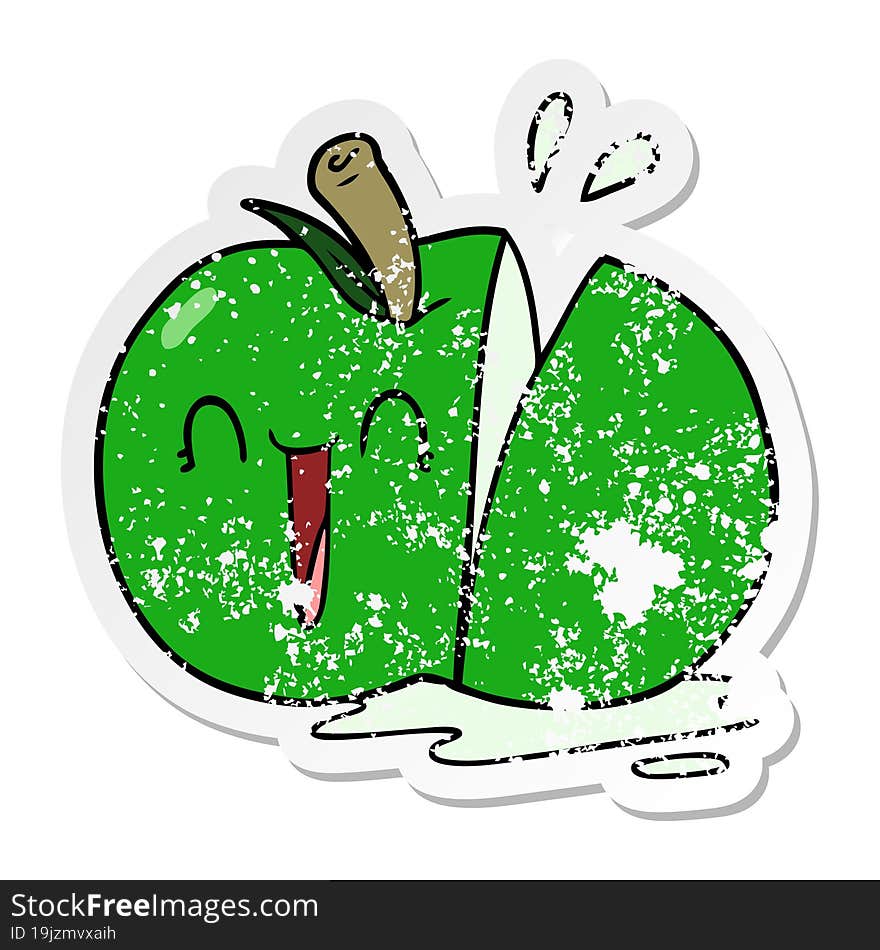 distressed sticker of a happy cartoon sliced apple