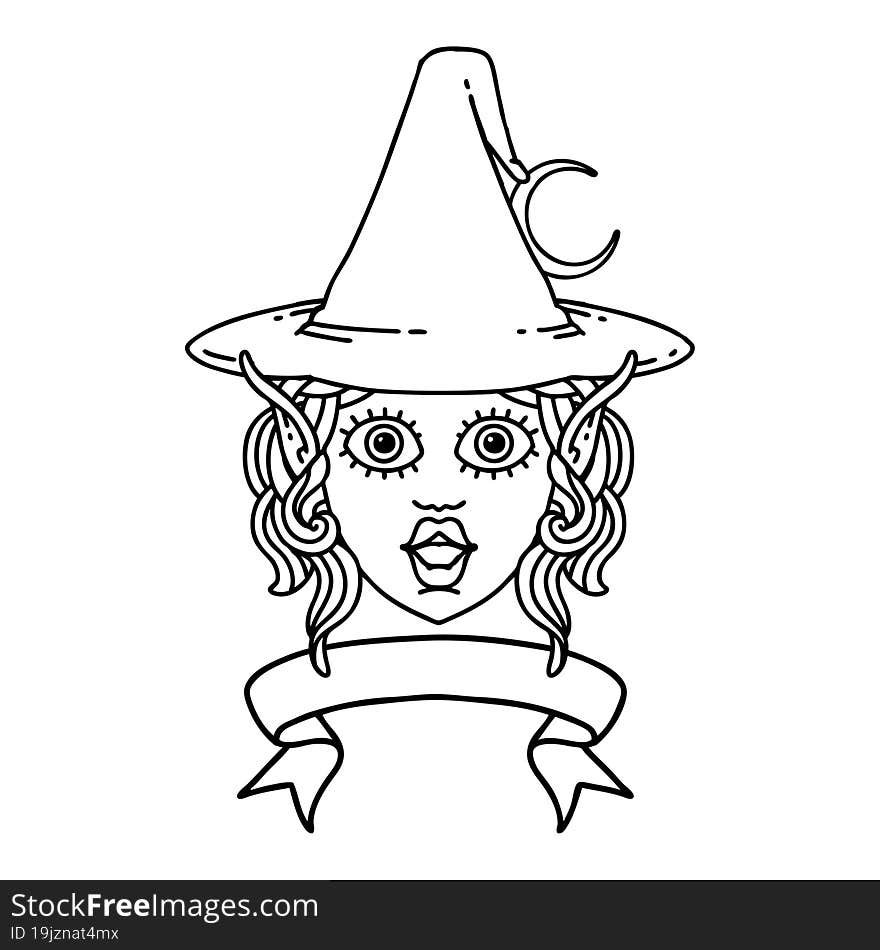 Black and White Tattoo linework Style elf mage character face with banner. Black and White Tattoo linework Style elf mage character face with banner