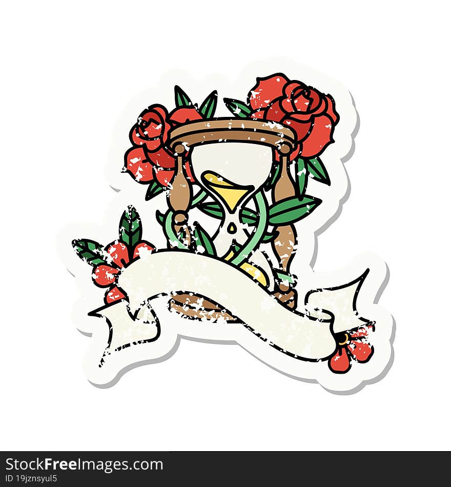 Grunge Sticker With Banner Of An Hour Glass And Flowers