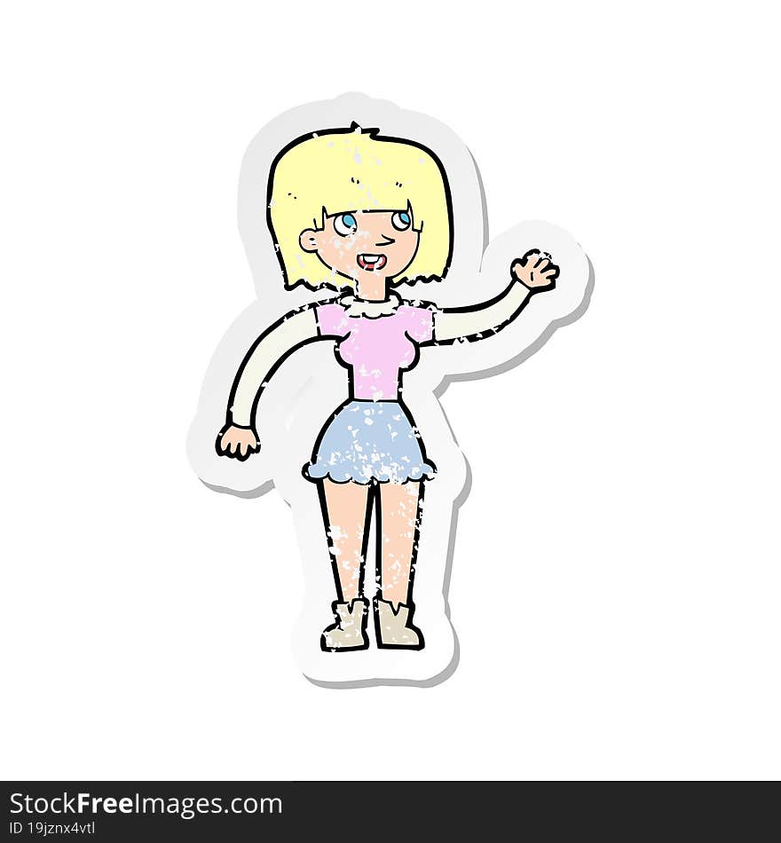 retro distressed sticker of a cartoon girl waving