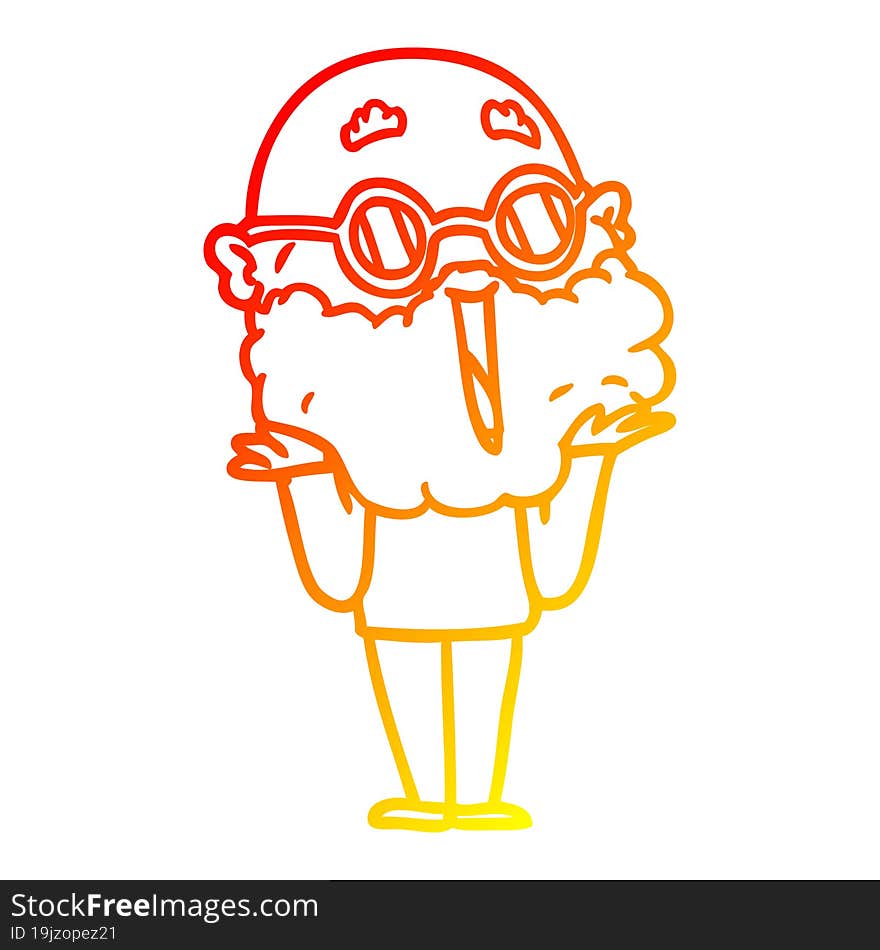 warm gradient line drawing of a cartoon joyful man with beard shrugging