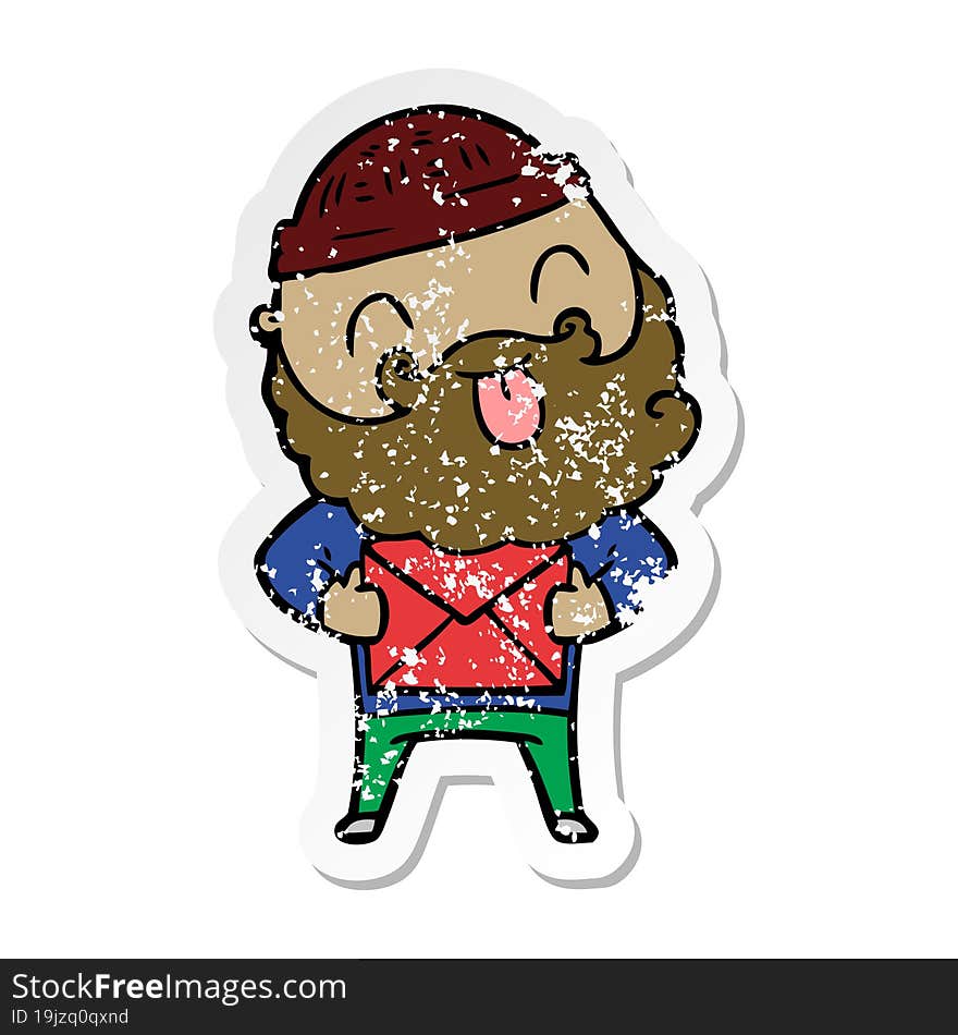 distressed sticker of a man with beard sticking out tongue