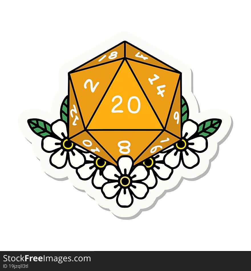 sticker of a natural 20 D20 dice roll with floral elements. sticker of a natural 20 D20 dice roll with floral elements