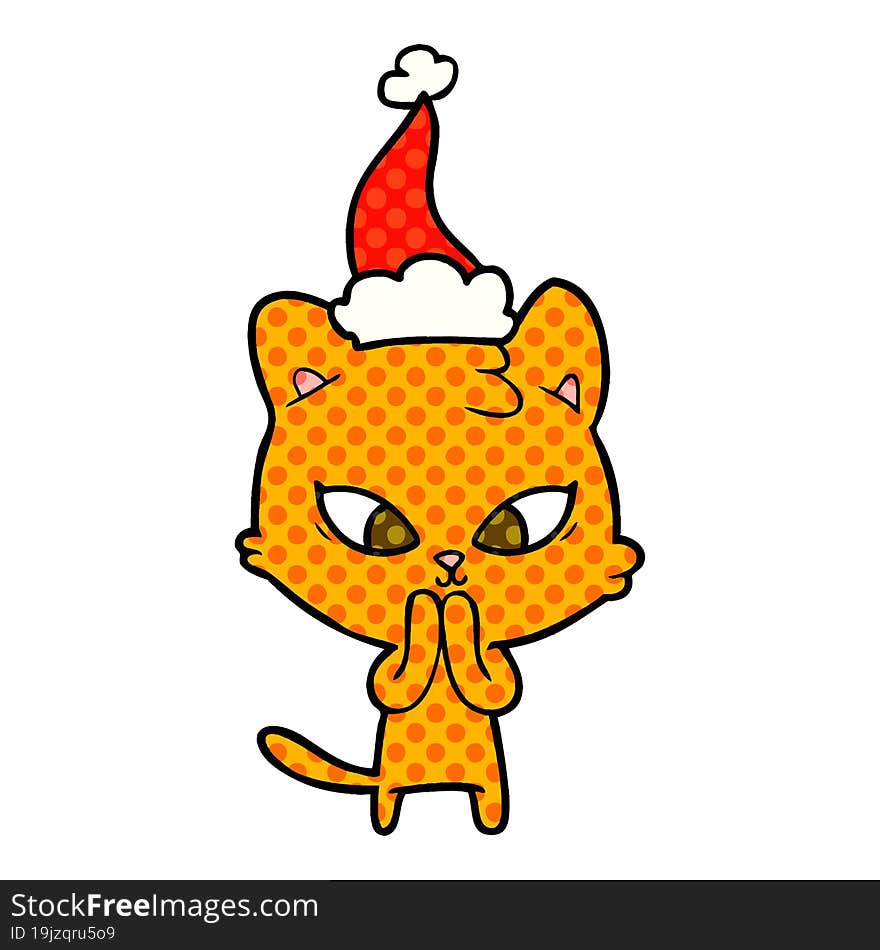 cute comic book style illustration of a cat wearing santa hat