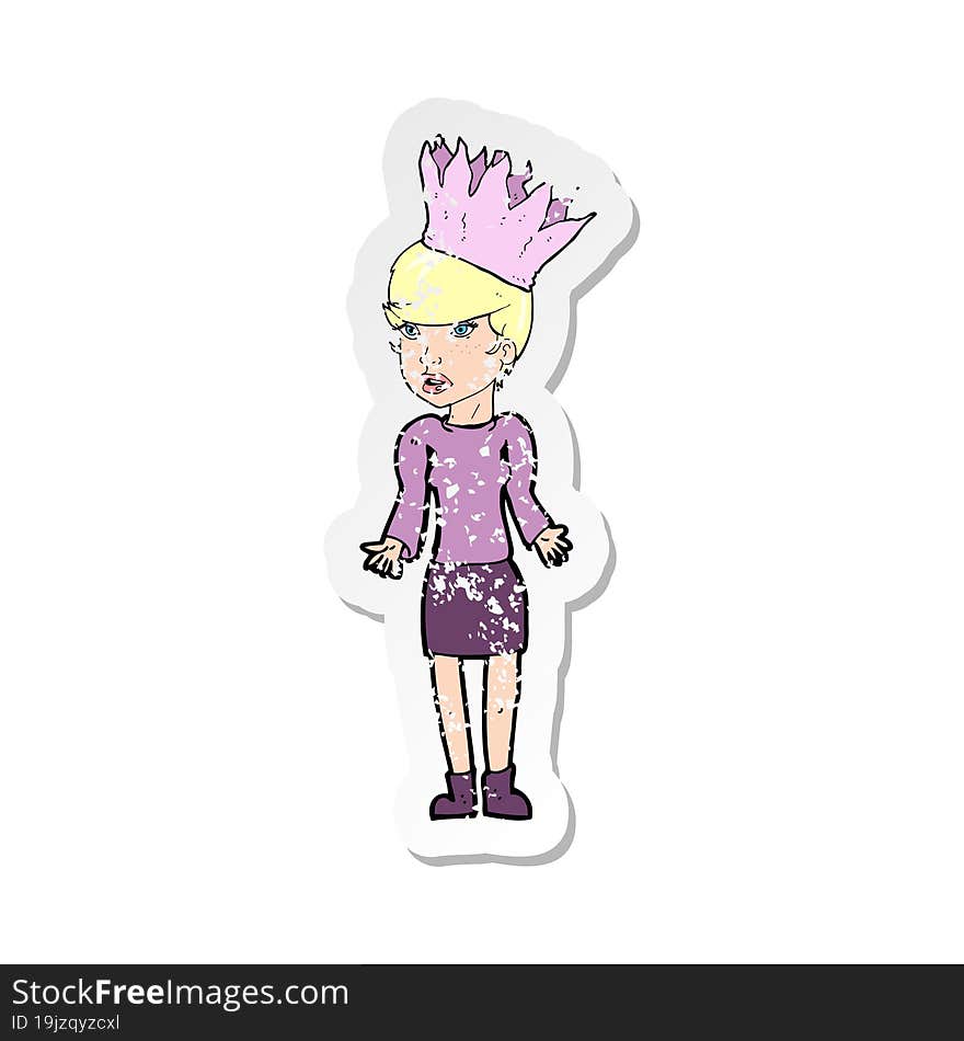 retro distressed sticker of a cartoon woman wearing paper crown