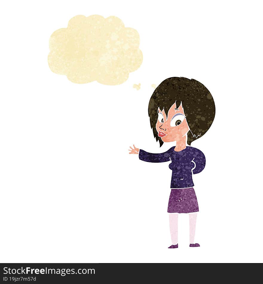 Cartoon Woman Making Welcome Gesture With Thought Bubble