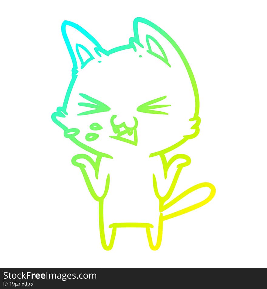 cold gradient line drawing of a cartoon cat hissing