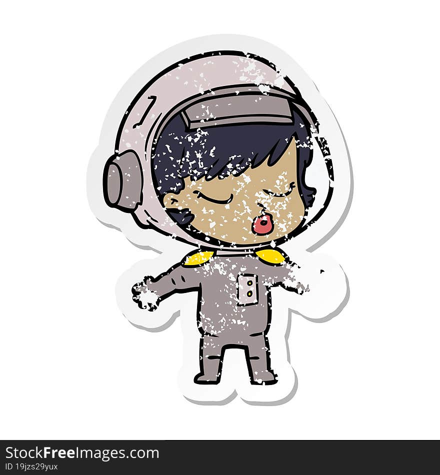 distressed sticker of a cartoon pretty astronaut girl