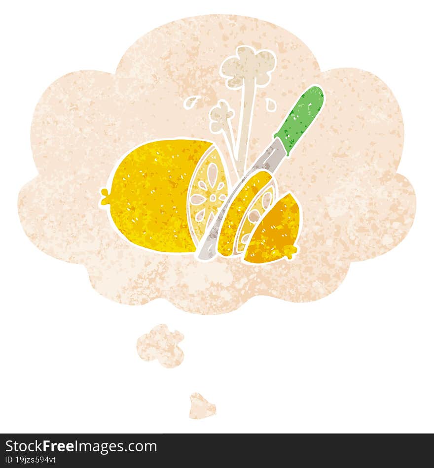 Cartoon Sliced Lemon And Thought Bubble In Retro Textured Style