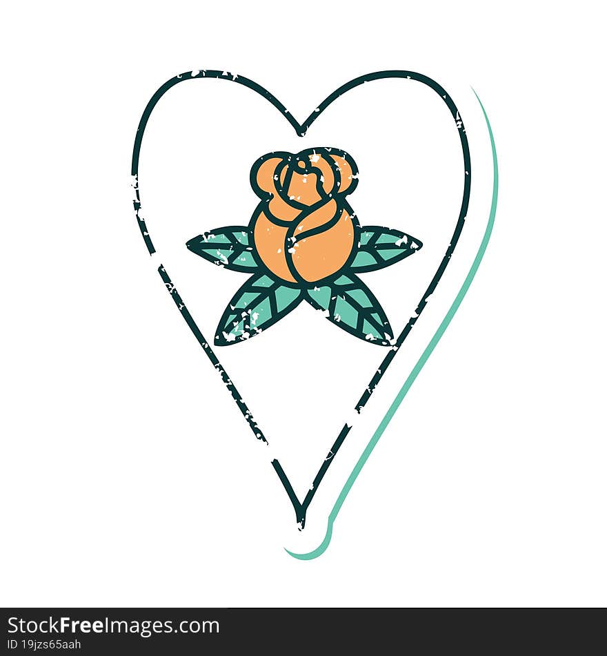 iconic distressed sticker tattoo style image of a heart and flowers. iconic distressed sticker tattoo style image of a heart and flowers