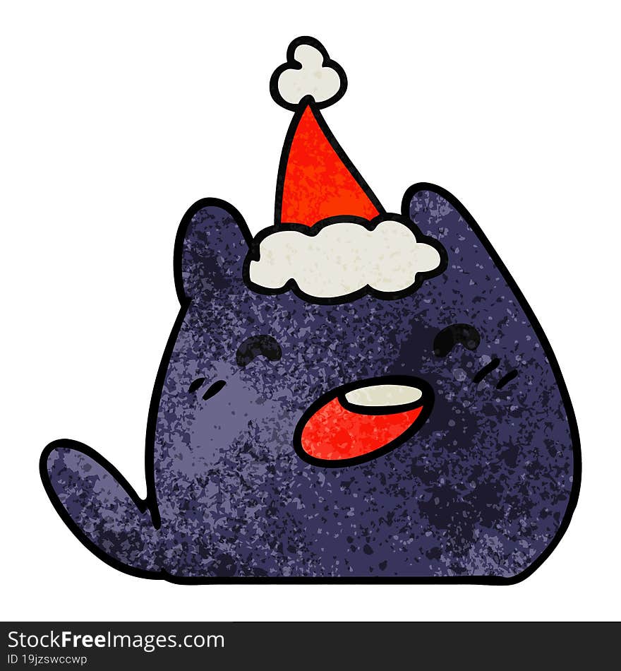 hand drawn christmas textured cartoon of kawaii cat