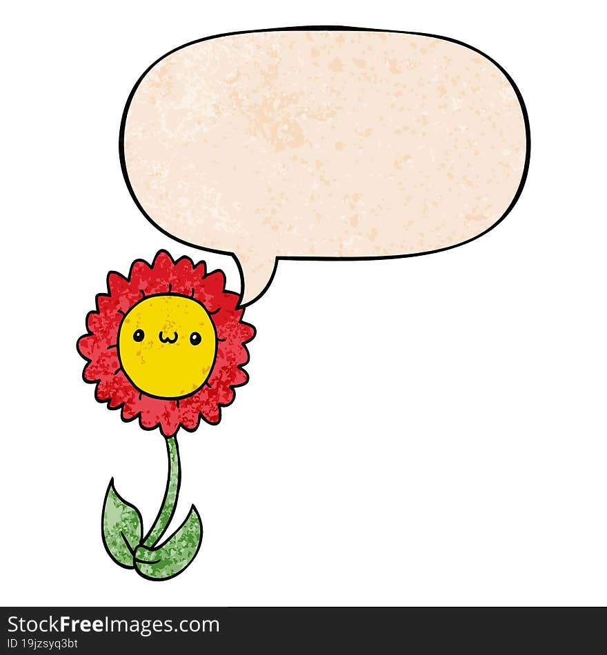 cartoon flower and speech bubble in retro texture style