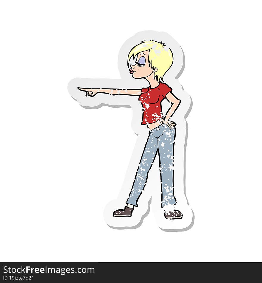 retro distressed sticker of a cartoon hip woman pointing