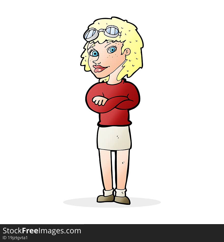 cartoon woman with crossed arms and safety goggles