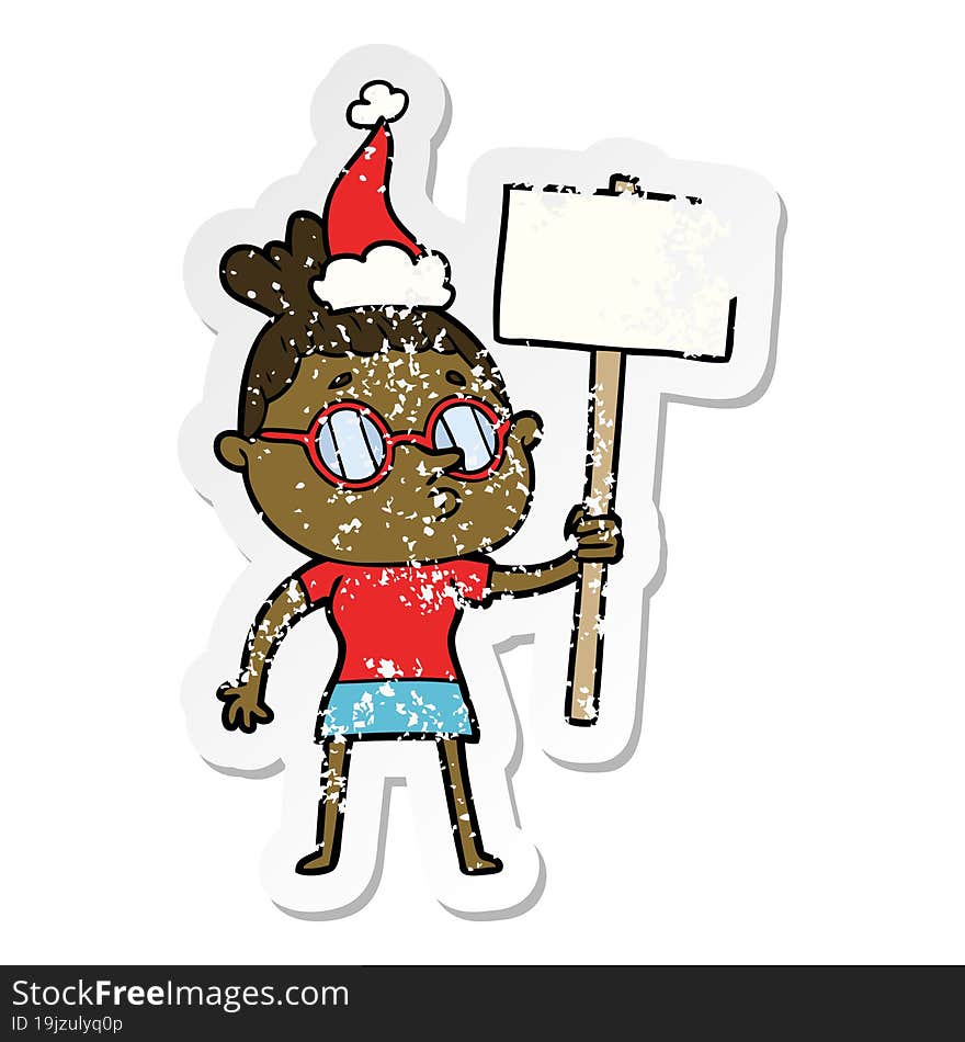 distressed sticker cartoon of a woman wearing glasses wearing santa hat