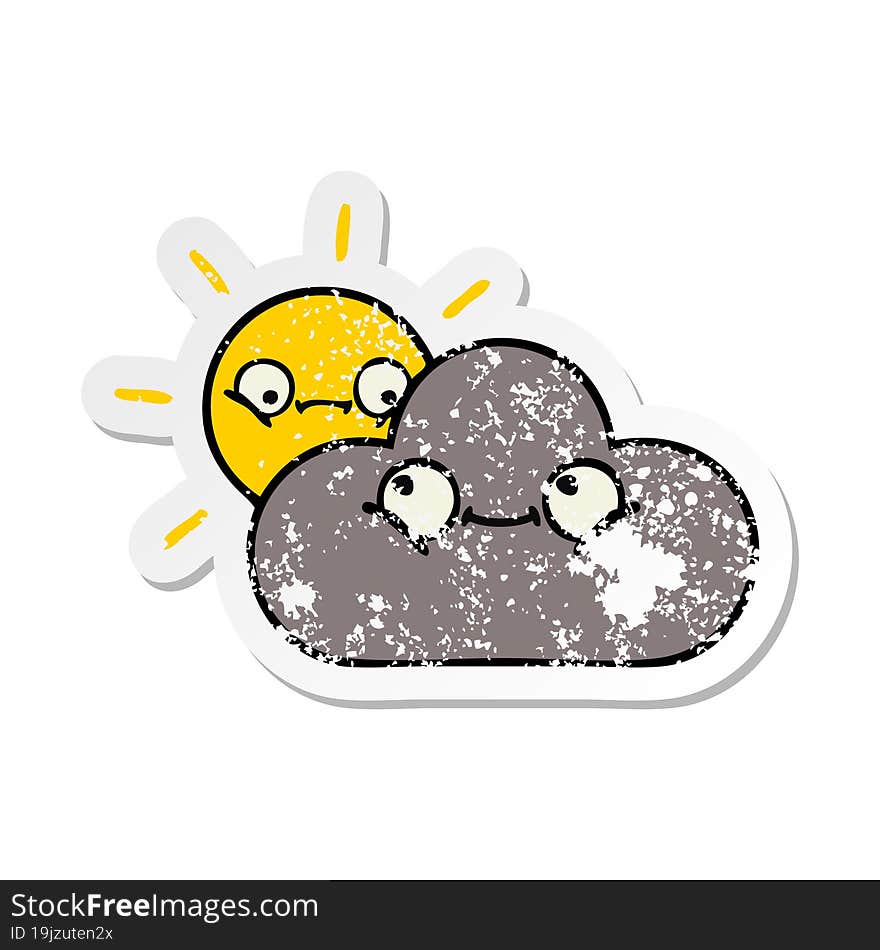 distressed sticker of a cute cartoon storm cloud and sun