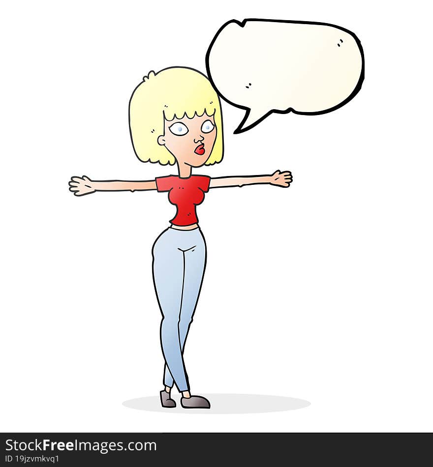 speech bubble cartoon woman spreading arms