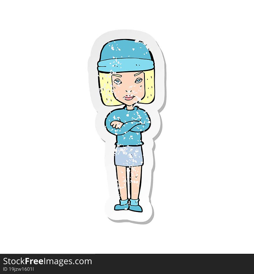 retro distressed sticker of a cartoon woman wearing winter hat