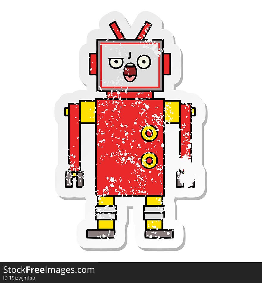 distressed sticker of a cute cartoon angry robot