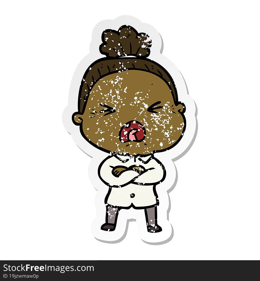 distressed sticker of a cartoon angry old woman