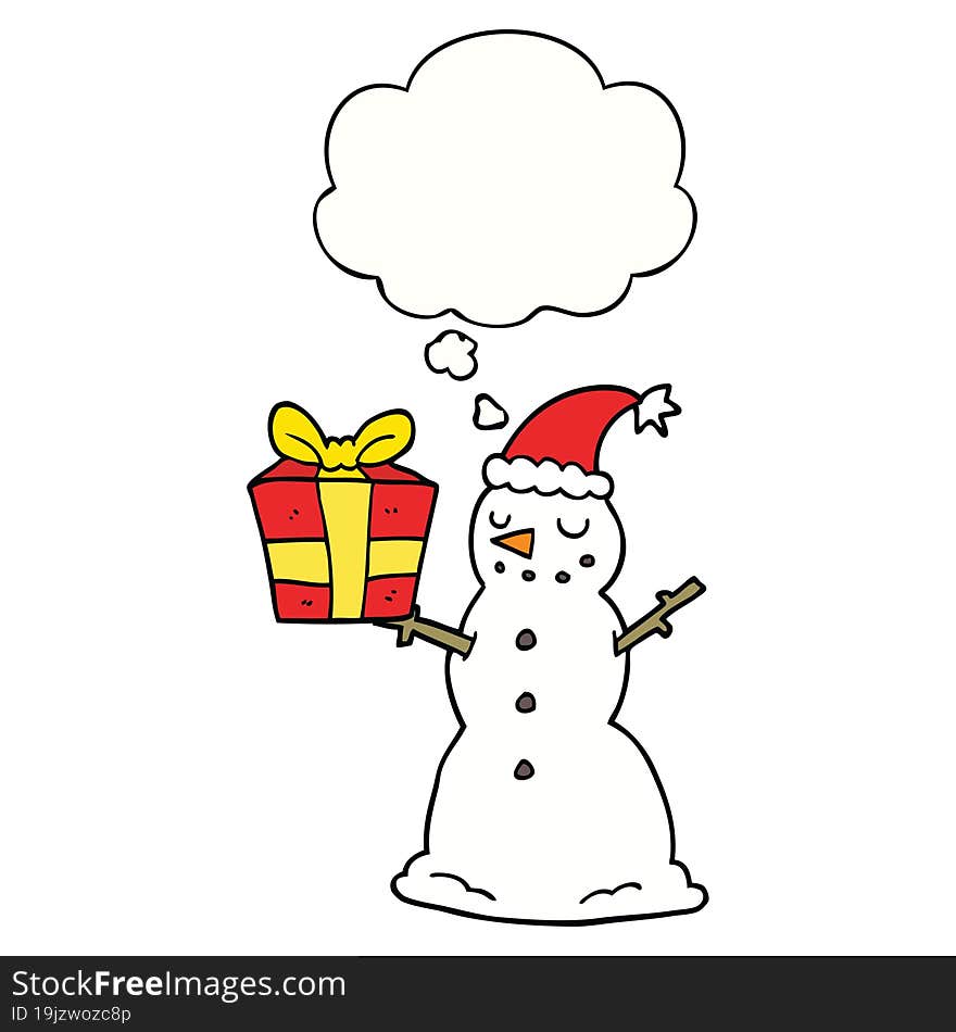 cartoon snowman with present with thought bubble