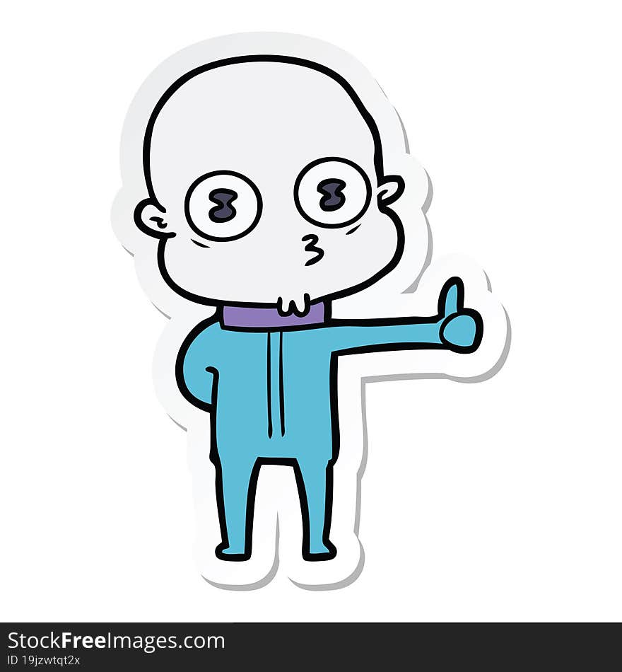 sticker of a cartoon weird bald spaceman giving thumbs up