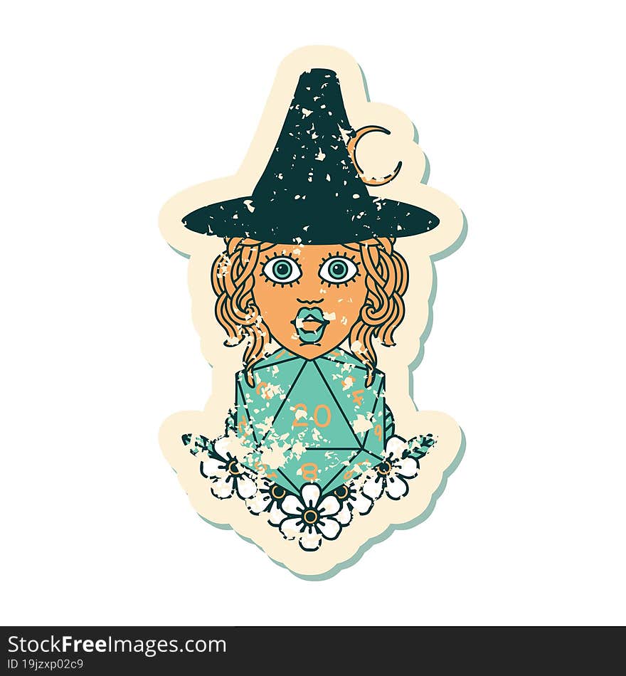 human witch with natural twenty dice roll grunge sticker