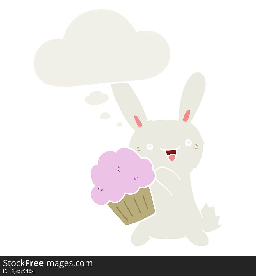 cute cartoon rabbit with muffin and thought bubble in retro style