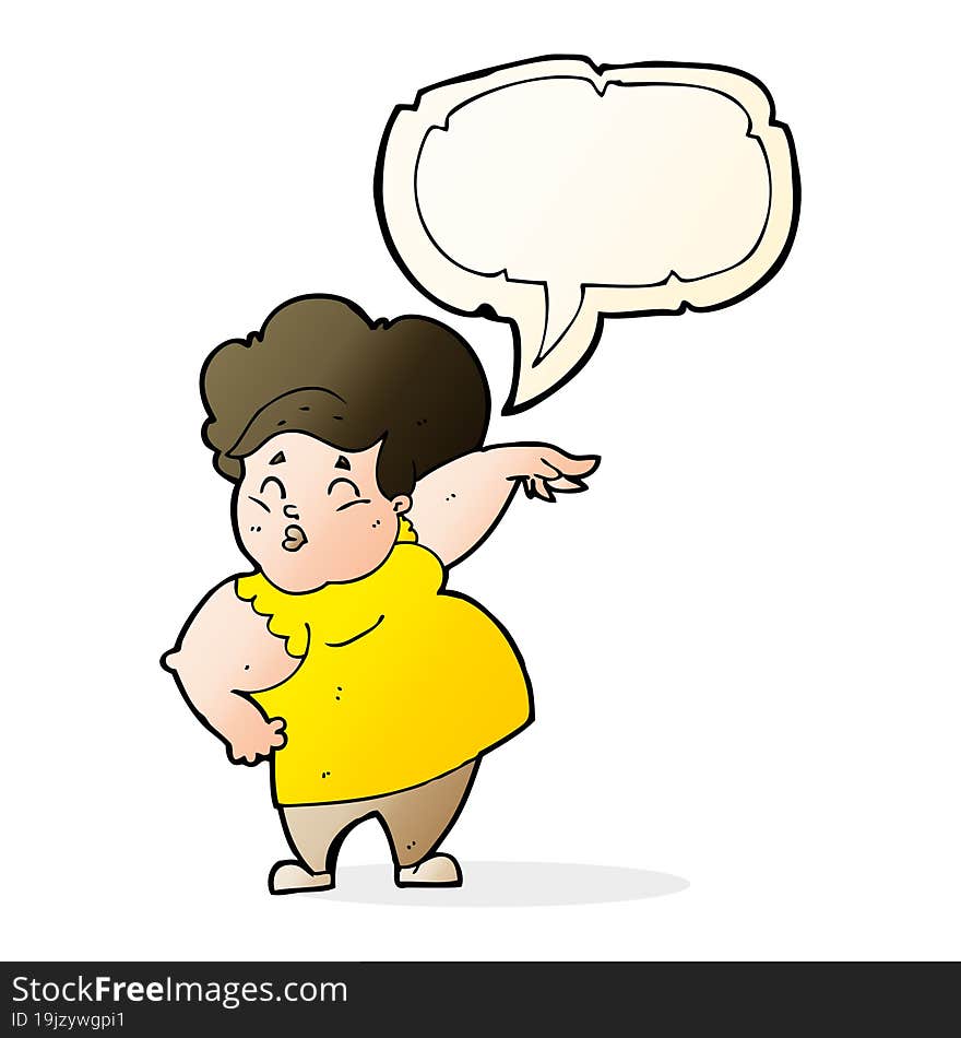 cartoon happy overweight lady with speech bubble