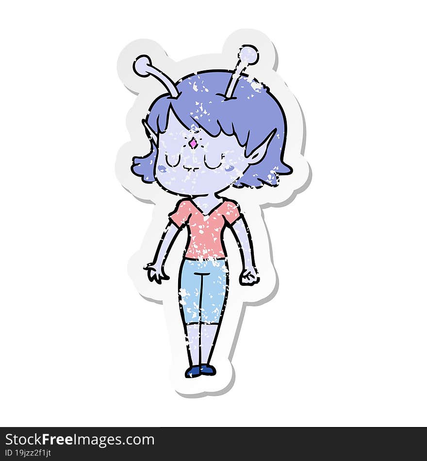 distressed sticker of a cartoon alien girl