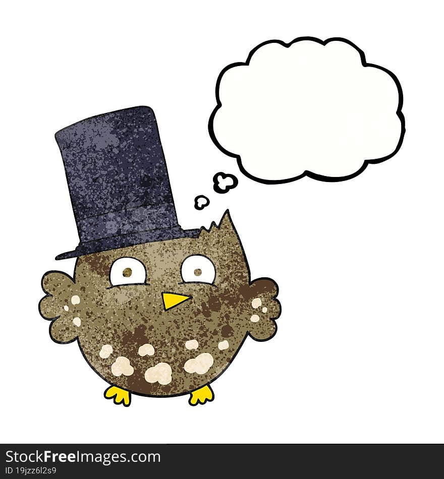 freehand drawn thought bubble textured cartoon little owl with top hat