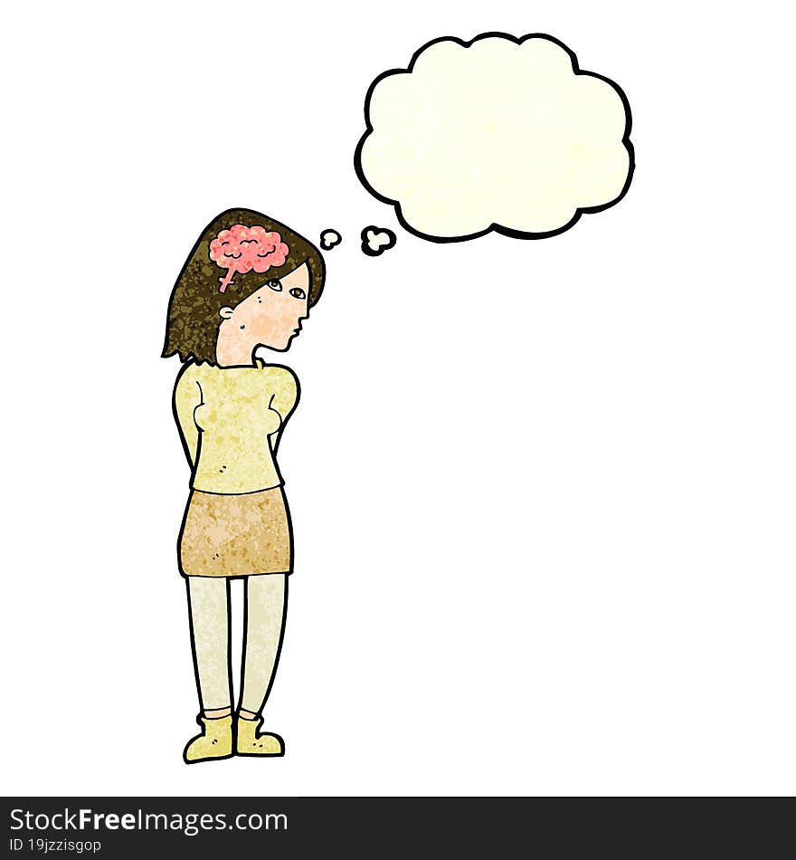 cartoon brainy woman with thought bubble