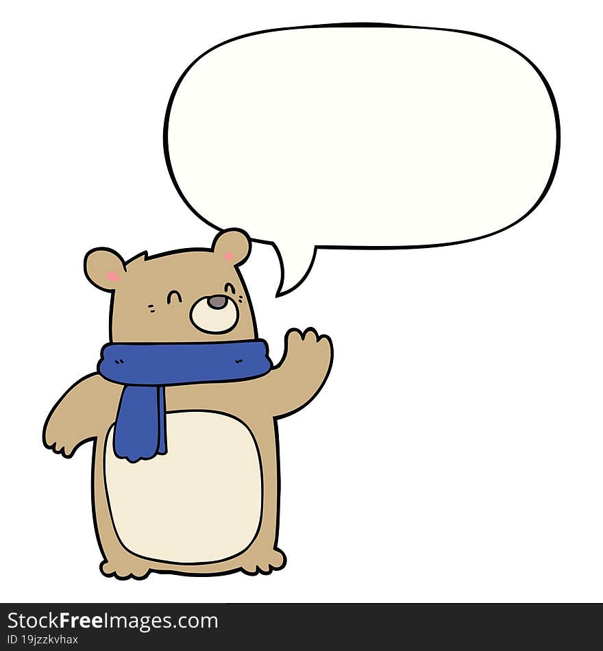 cartoon bear wearing scarf and speech bubble