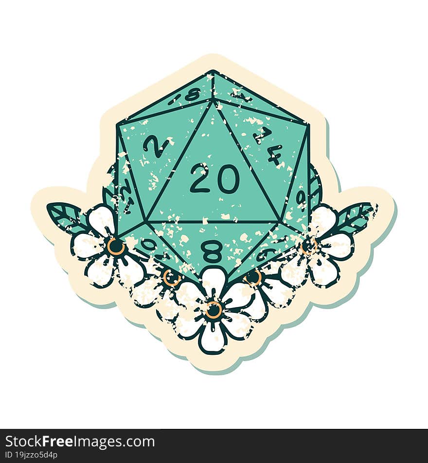 natural 20 D20 dice roll with floral elements illustration