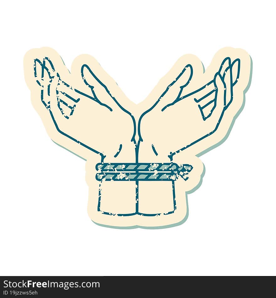 iconic distressed sticker tattoo style image of a pair of tied hands. iconic distressed sticker tattoo style image of a pair of tied hands