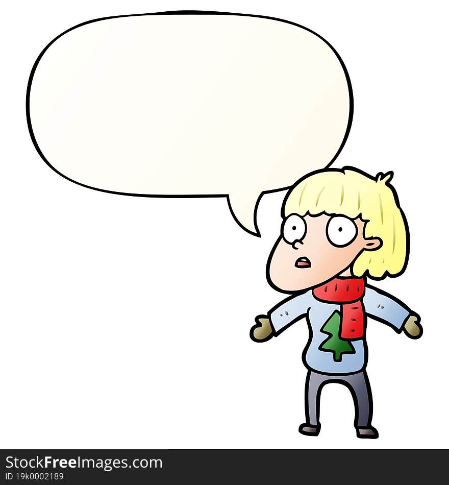 Cartoon Surprised Christmas Person And Speech Bubble In Smooth Gradient Style