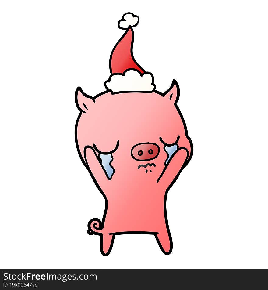 gradient cartoon of a pig crying wearing santa hat