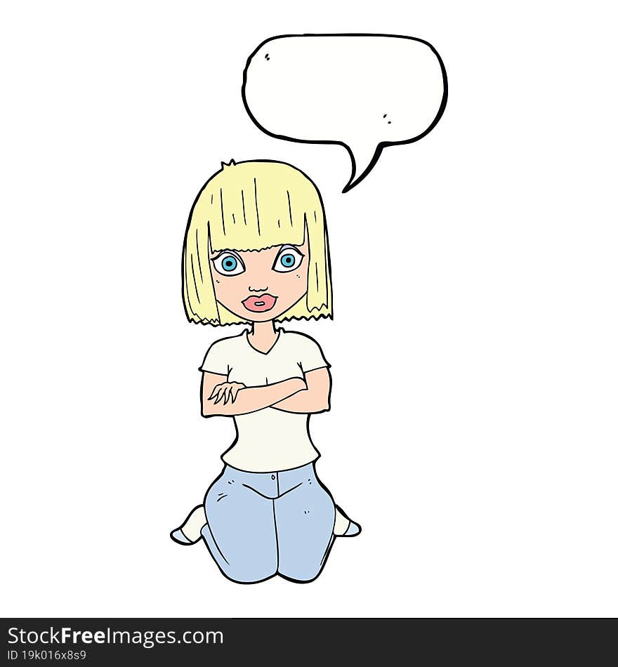 cartoon woman kneeling with speech bubble