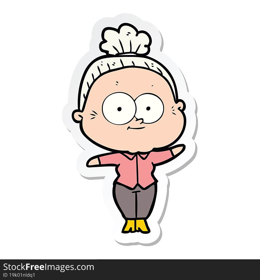 sticker of a cartoon happy old woman